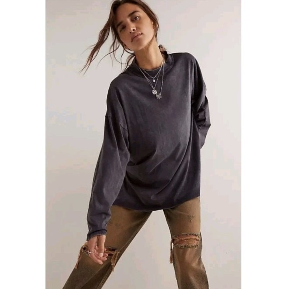 Free People We The Free Heater Tee Slouchy Oversized Sz S Gray Distressed Tunic‎